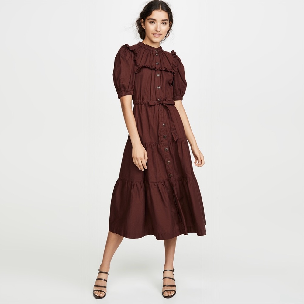 Sea New York Brown Puff-Sleeve Tiered Midi Dress